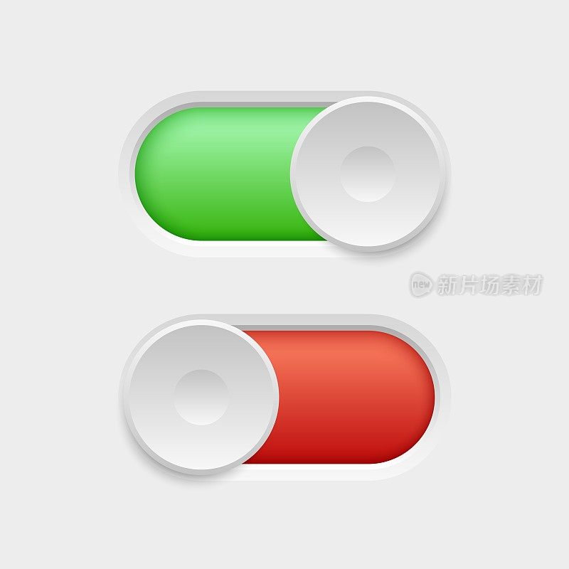 现实的开关按钮。3 d开关。Web界面设计元素。红色和绿色的滑块。不同的职位。指示板切换。UI图标。面板调节器。向量的概念